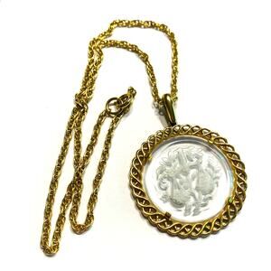 Crown Trifari goldtone chain necklace & etched clear white glass pendant jewelry